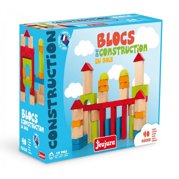 Blocs en bois pour jeu construction : cubes, cylindres, pont, pavé