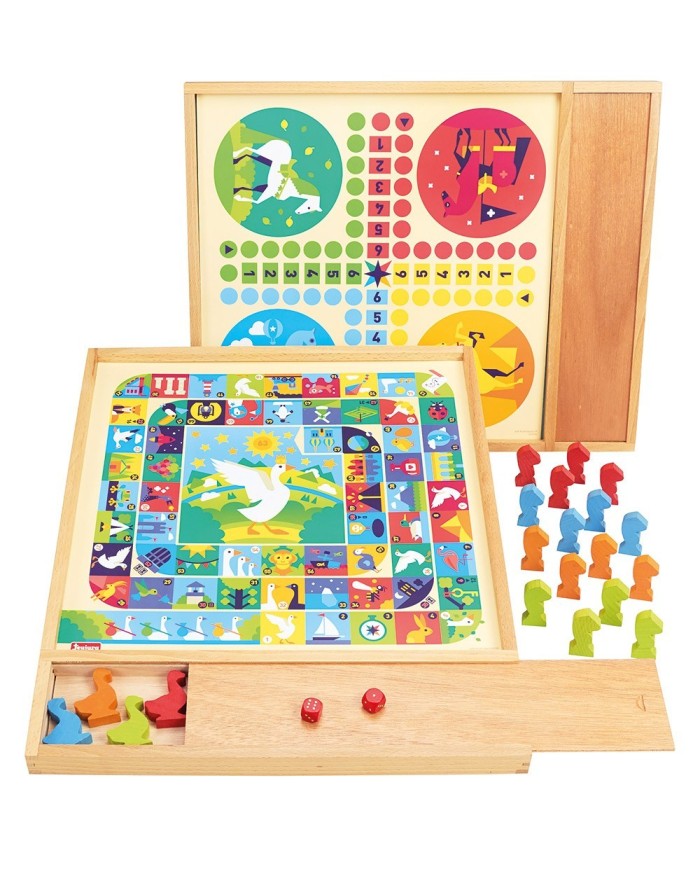 Jeux de l'oie et petits chevaux - plateau avec plumier en bois