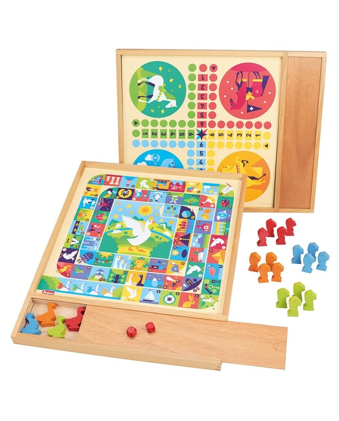 Jeux de l'oie et petits chevaux - plateau avec plumier en bois