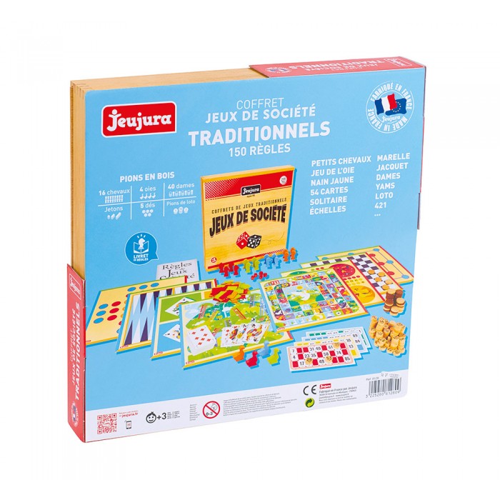 Jeujura - 8128- Coffret de Jeux de Societe Traditionnels en Bois, de 2 à 6  joueurs, pour 3 ans a 99 ans