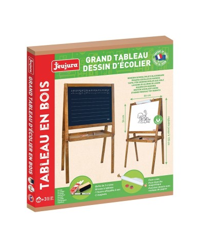 Grand tableau dessin des écoliers en bois teinté chêne