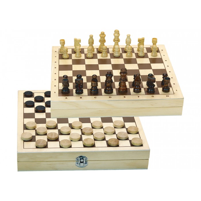 Jeux de dames et d'échecs - coffret réversible et pions en bois