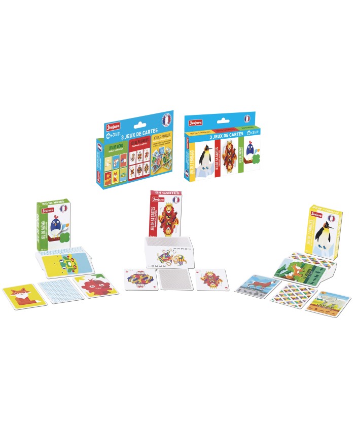 coffret 3 jeux de cartes : 54 cartes - 7 famille - memo