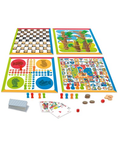 coffret "4 jeux" de societe et jeu de cartes - pions en bois