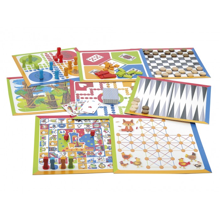 coffret 4 jeux de societe et jeu de cartes - pions en bois