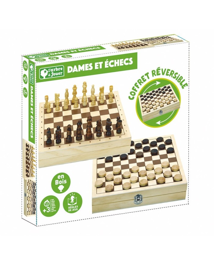 Jeux de dames et d'échecs - coffret réversible  et  pions en bois